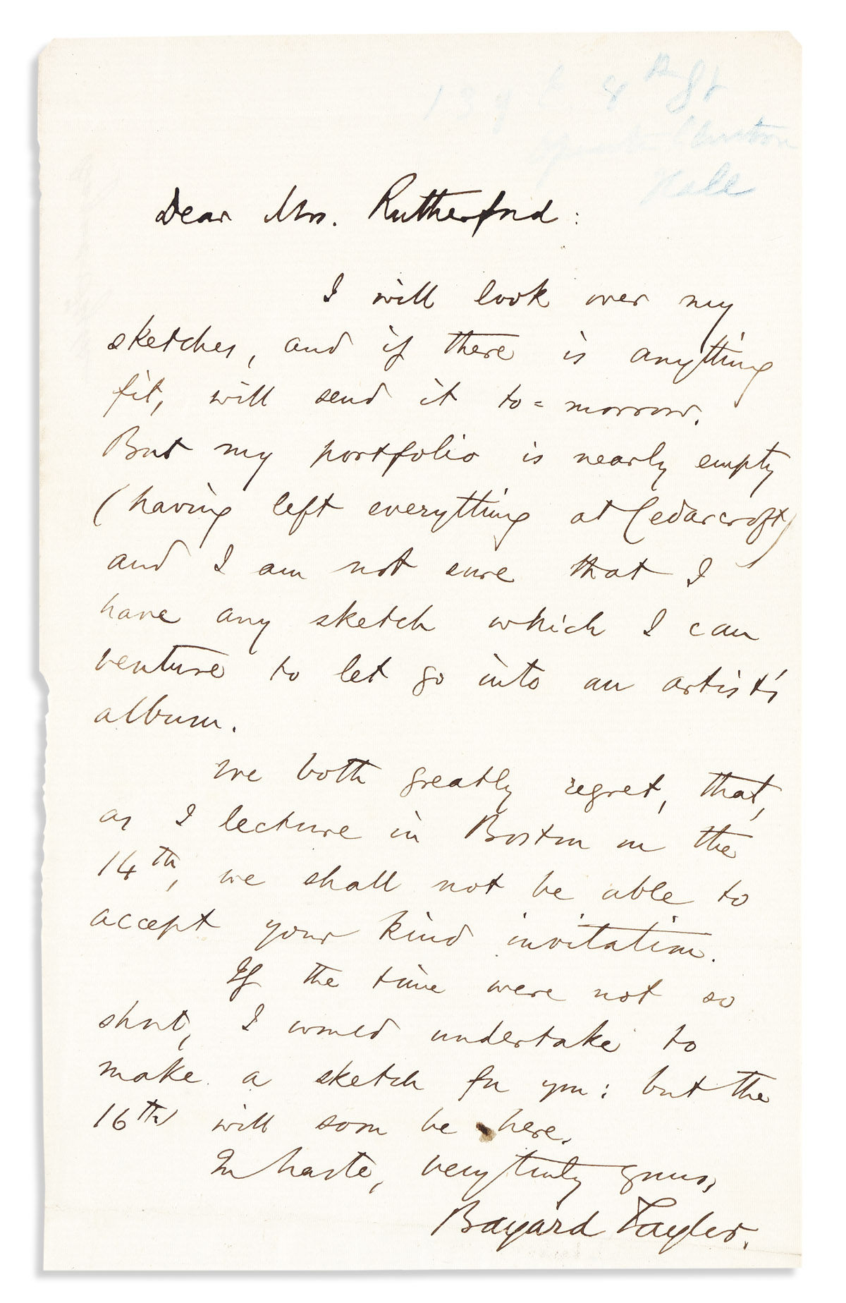 TAYLOR, BAYARD. Two Autograph Letters Signed, to Margaret Stuyvesant Rutherfurd,